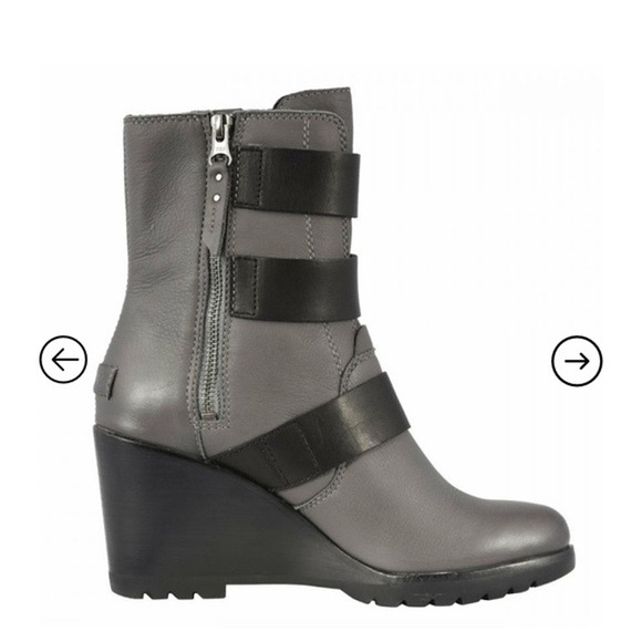 Sorel After Hours Wedge Moto Boots Gray Leather Strappy Almond Toe Size 6 - Picture 1 of 12